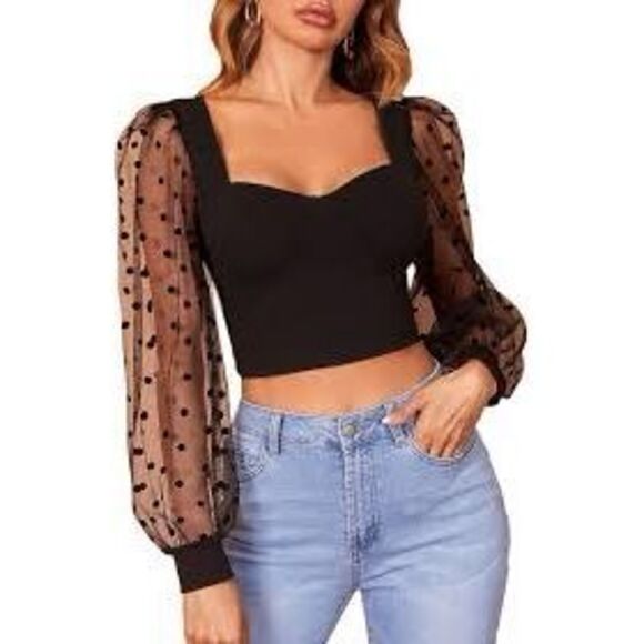 SHEIN Polka Dot Lace Contrast Mesh Crop Top Sz 4X Black - Picture 1 of 8